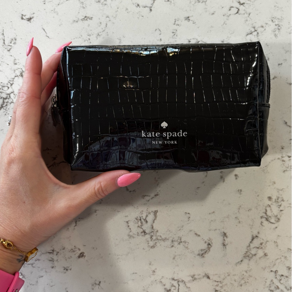 Kate Spade Glossy Black Croc-Embossed cosmetic pouch